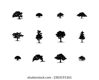 Tree vector set, silhouette, flat, black, isolated on white background