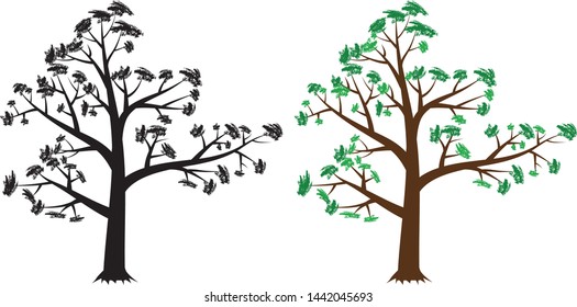 tree vector silhouette and tree with green leaf on white background