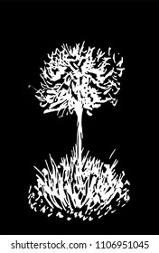 Tree vector sketch.Vintage illustration, engraved style. Hand drawn ink. White Line drawing Isolated on black background. For landscape, park, outdoors design. 