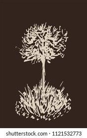 Tree vector sketch.Vintage illustration, engraved style. Hand drawn ink. Line drawing Isolated on dark background. For landscape, park, outdoors design. Brown and beige colors.