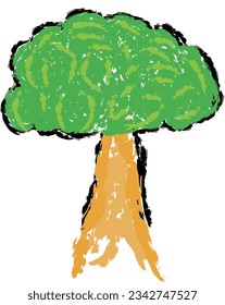 Tree vector, Wax crayons like children's hand-drawn trees isolated. Chalk pastels or pencils like children's hand-drawn trees on paper. Painting style with brushes, coloring style with crayons.