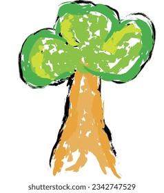 Tree vector, Wax crayons like children's hand-drawn trees isolated. Chalk pastels or pencils like children's hand-drawn trees on paper. Painting style with brushes, coloring style with crayons.