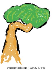 Tree vector, Wax crayons like children's hand-drawn trees isolated. Chalk pastels or pencils like children's hand-drawn trees on paper. Painting style with brushes, coloring style with crayons.