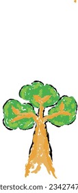 Tree vector, Wax crayons like children's hand-drawn trees isolated. Chalk pastels or pencils like children's hand-drawn trees on paper. Painting style with brushes, coloring style with crayons.