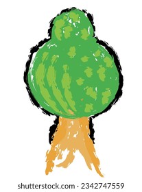 Tree vector, Wax crayons like children's hand-drawn trees isolated. Chalk pastels or pencils like children's hand-drawn trees on paper. Painting style with brushes, coloring style with crayons.