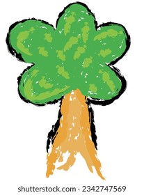 Tree vector, Wax crayons like children's hand-drawn trees isolated. Chalk pastels or pencils like children's hand-drawn trees on paper. Painting style with brushes, coloring style with crayons.