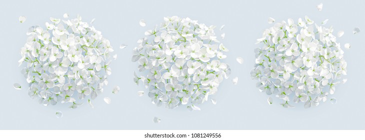 Tree vector white Hydrangea flowers and Apple blossom with flying petals in watercolor style  for 8 March, wedding, Valentine's Day,  Mother's Day, sales and other seasonal events.