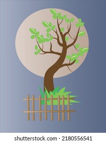 un árbol en el pueblo en una noche de luna llena. Este vector es perfecto para una portada de libro o un afiche de viaje

