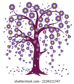 tree with violet flowers and buds on long hanging branches