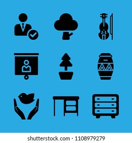 tree, violin, chest of drawers, presentation, manager, drum, dove of peace, desktop and plant vector icon. Simple icons set