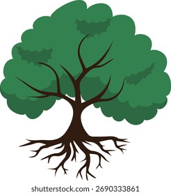 Tree with visible roots growing on sand, flat vector illustration representing life, nature, and strong environmental connection.
