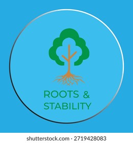 Árbol con el icono visible de las raíces Icono verde del árbol con el sistema visible de la raíz en fondo circular azul