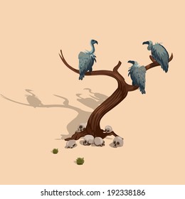 Tree and vultures in the wild west. Vector game design for app