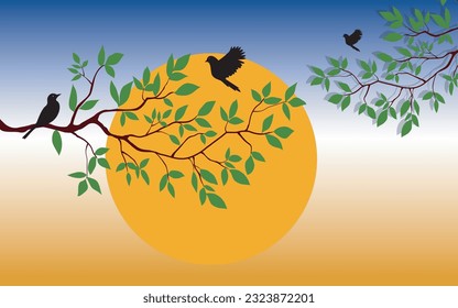 Tree Wall Painting With Birds For Home Decoration Vector Design