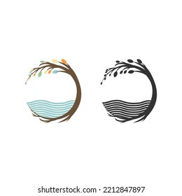 Tree and water abstract logo design, modern nature emblem featuring stylized tree silhouette with wave elements, suitable for eco-friendly brand, wellness center, organic product