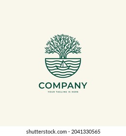 Tree with Water Waves and ship nature logo icon sign symbol design. Vector illustration