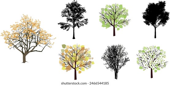 tree watercolor illustration, Minimal style tree painting hand drawn, Side view, set of graphics trees elements