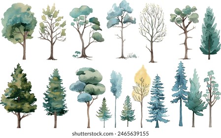 Tree watercolor, Side view green painting, set of graphics trees elements outline symbol for architecture and landscape design drawing. Vector illustration in stroke fill . Tropical, oak, maple