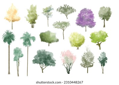 tree watercolor vector illustration, Minimal style tree painting hand drawn, Side view, set of graphics trees elements drawing for architecture and landscape design. Tropical