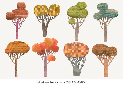 Tree, watercolor vector set illustration. plant in autumn forest.