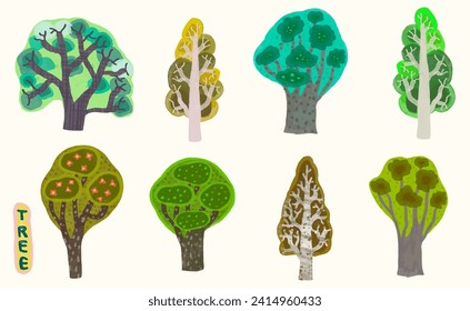 Tree, watercolor vector set illustration. plant and forest.
