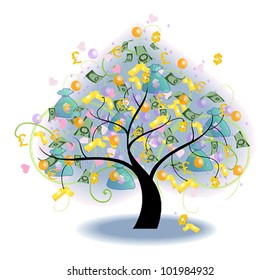 Tree of Wealth. Tree of wealth and rich with money banknote and bullion hanging on with business growth or financial investment concept, create by vector.
