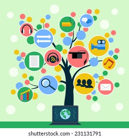 Tree with web icons on branch. Concept of social media, online education, e commerce, finance and business flat design