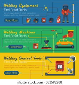 Tree welder horizontal banners with advertising of control tools  and equipment for welding works flat vector illustration