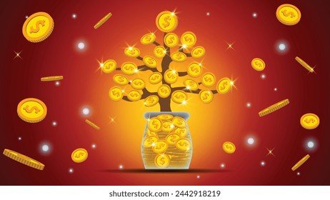Un árbol del que crecen las monedas de oro, botella de inversión, concepto de crecimiento de dinero, árbol de ahorro financiero, ilustración vectorial.