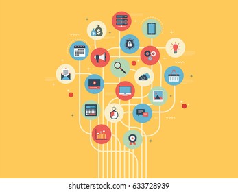 Tree with white lines and colorful circles with business icons. Concept integration, innovation in business, technology in communication and social media. Flat design vector illustration.