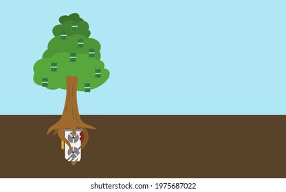 Tree whose root is a GPU graphics card and produces money, cryptocurrency mining concept, illustration vector design financial.