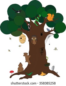 Tree with wild forest cartoon animals, birds and bug. For print cup, textile, wallpaper, banner, fabric, web, scrapbook, cover of notebook. Gift paper. children style. coloring book