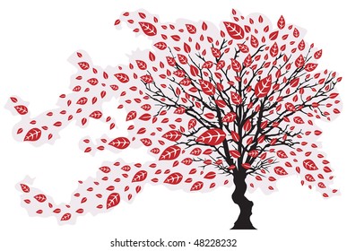 Tree in the Wind with falling red Leaves