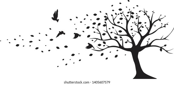 Tree wind leaves birds vector, wall decals, wall decor. Black Art design isolated on white background. Autumn season, tree in autumn