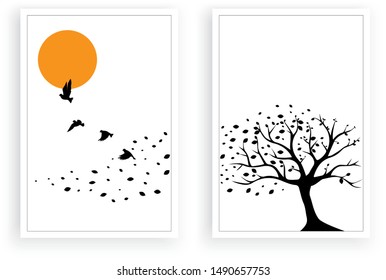Tree wind leaves and flying birds on sunset vector, wall decals, wall decor. Art design isolated on white background. Autumn season, tree in autumn. Minimalist poster design, two pieces wall art