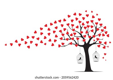 Tree wind leaves i shape of red hearts and bird cage silhouettes, vector. Wall decals, wall décor. Wall Art design isolated on white background. Autumn season, tree in autumn