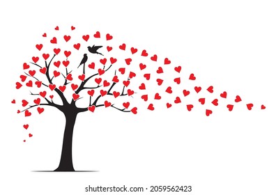 Tree wind leaves i shape of red hearts and flying birds silhouettes, vector. Wall decals, wall décor. Wall Art design isolated on white background. Autumn season, tree in autumn