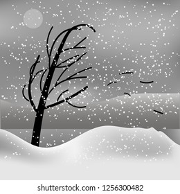 Tree in the wind in snowy weather vector design