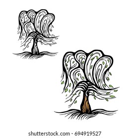 Tree in the wind vector illustration in color.
