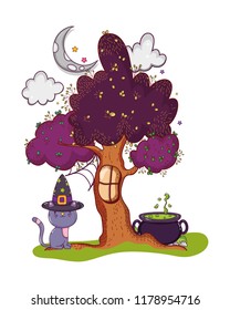 tree window and cat with hat and pot cauldron