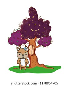 tree with window and cute deer wild animal