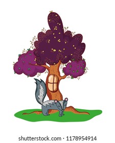 tree with window and cute skunk wild animal
