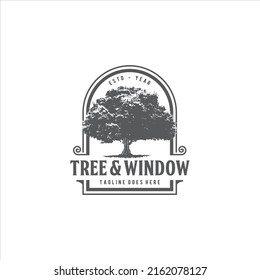 Tree and Window Vintage Logo Design Vector Image