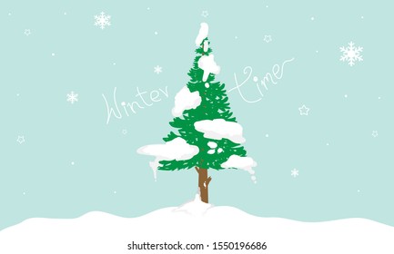tree winter background and snowing for winter season concept. Hand drawn isolated illustrations.