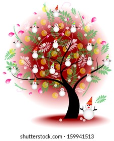 Tree of winter snow ornament. A big stylish fantasy snowy tree with cute winter symbol on the branches and snowman on the ground for seasonal holiday usage like Christmas, create by vector