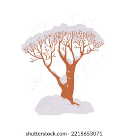 Tree in winter under snow flat vector illustration isolated on white background. Forest tree standing in snowdrift, winter snowy weather sign or symbol.