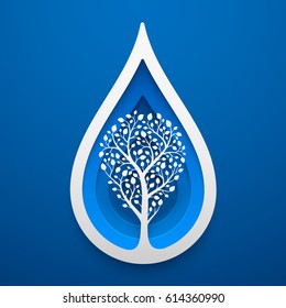 Tree within water drop shape. Paper art for the Earth Day decoration. Vector illustration of ecological idea. Concept design for cards, posters, flyers, stickers.