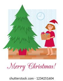 Сhristmas tree without decorations and girl with box of Christmas balls and garland. Merry Christmas and a happy new year. Card with text. Vector illustration in flat and ca