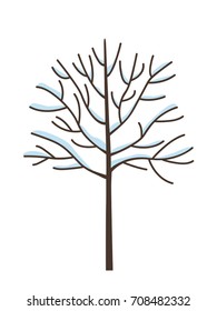Tree without a leaf in the snow isolated on white background. flat illustration