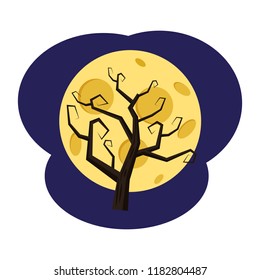 A tree without leaves against the background of the full moon, holiday Halloween, icon, vector, illustration, isolated, cartoon styyle